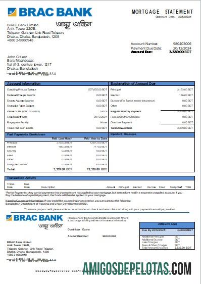 Declaração de hipoteca bancária do Bangladesh BRAC Bank exemplo real